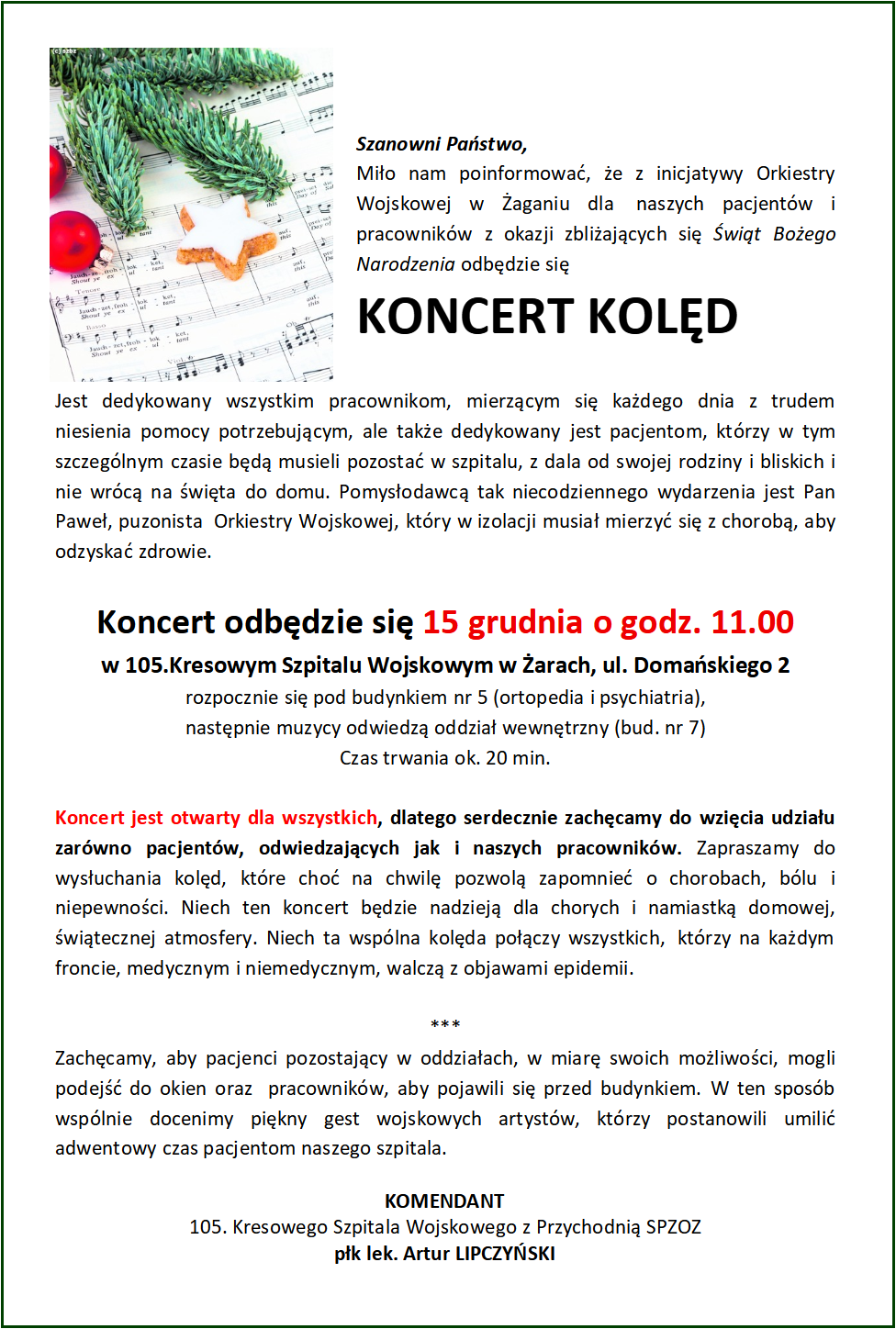 Koncert kolęd 15.12.2021r. Żary 105. Kresowy Szpital Wojskowy