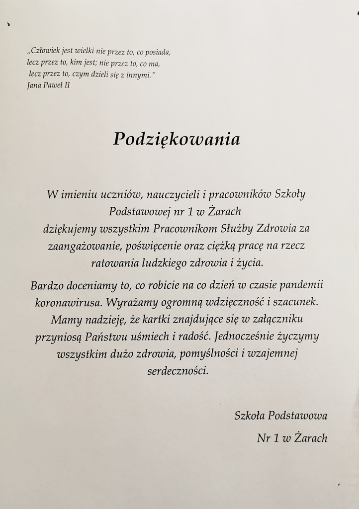 podziękowanie od szkoły w